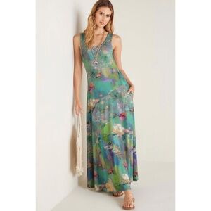 Soft Surroundings Santiago Lakeview Sleeveless Watercolor Maxi Dress Aqua Small